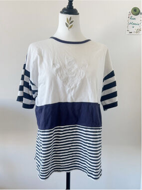 NEW FAST Navy White Striped Nautical Anchor Crest Color Block Tee S Beach Summer